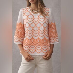 BLUE TASSEL: Fanta Silk/Cotton Embroidered Blouse